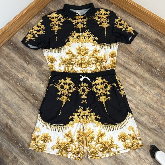 Shein Manfinity Baroque Gold Print Men’s XXL Shirt & Short Set Luxury Statement - Picture 15 of 16